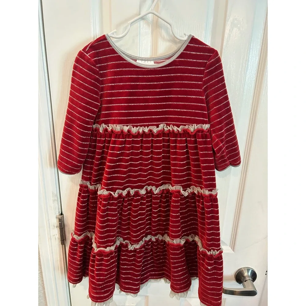 Hanna Andersson Dress Red Silver Striped Velour Tiered Ruffle Holiday Party 110